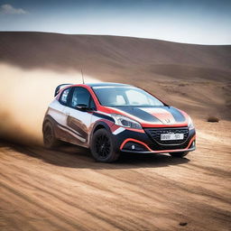 A detailed and dynamic image of a Peugeot 208 Rally4 in action on a dirt track