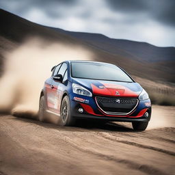 A detailed and dynamic image of a Peugeot 208 Rally4 in action on a dirt track