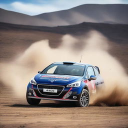 A detailed and dynamic image of a Peugeot 208 Rally4 in action on a dirt track