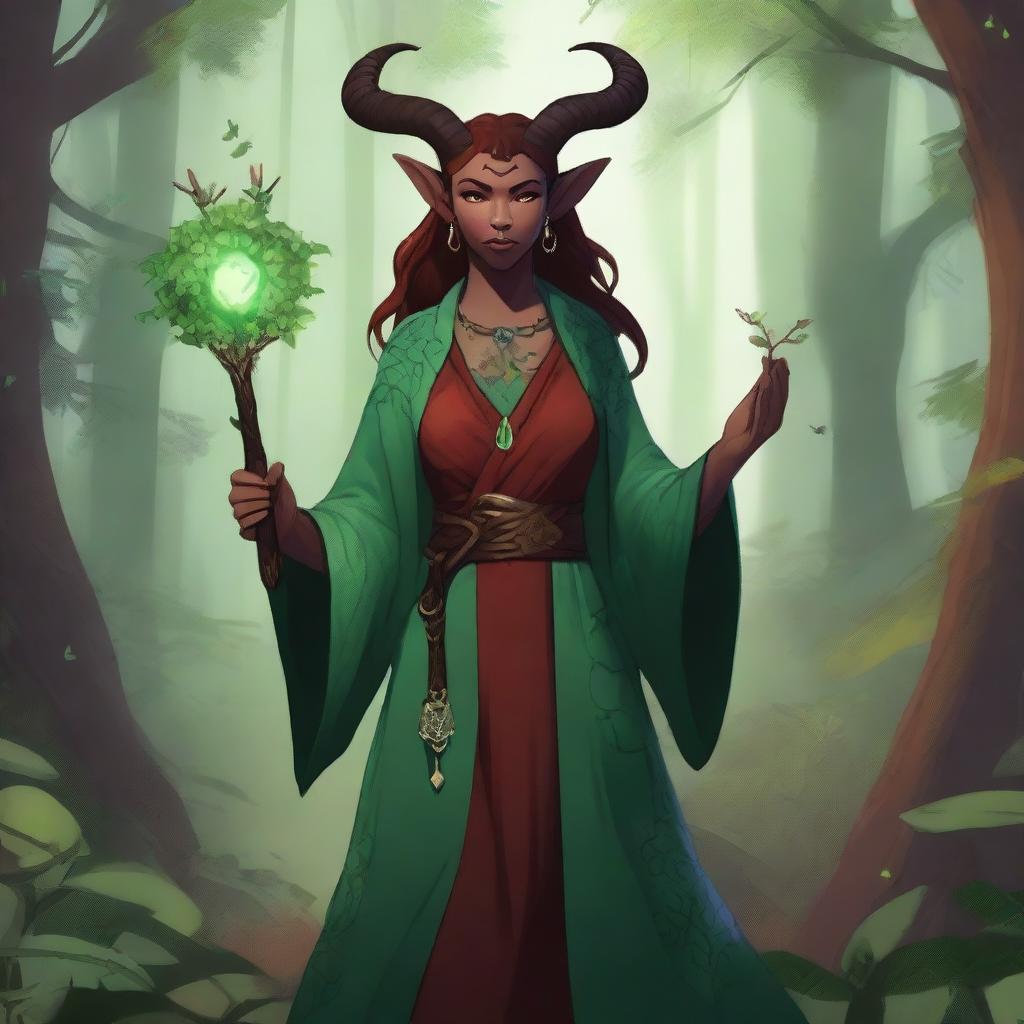 A female tiefling druid standing in a lush forest, surrounded by magical flora and fauna