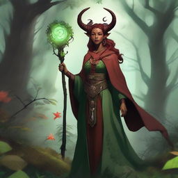 A female tiefling druid standing in a lush forest, surrounded by magical flora and fauna