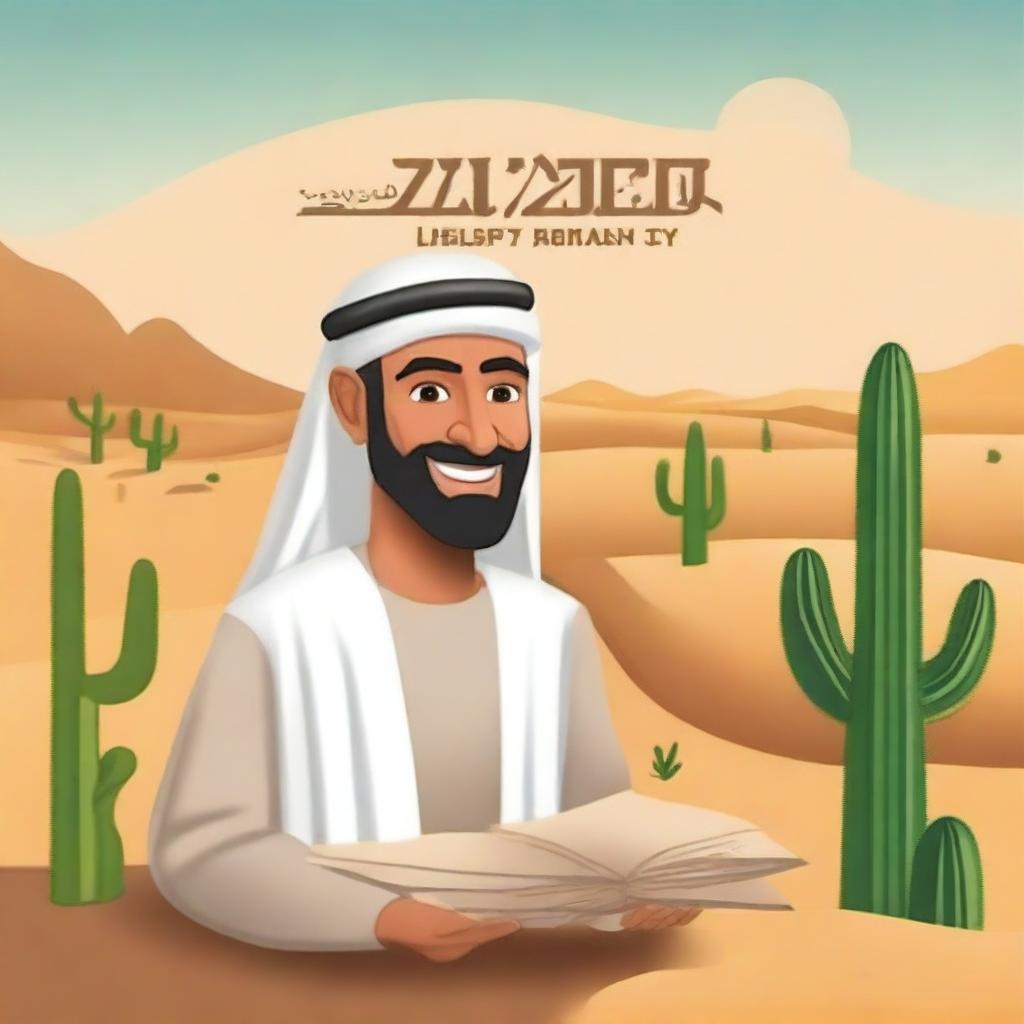 Create a book cover for a book titled 'Zayed Teaches Sustainability' with a desert theme