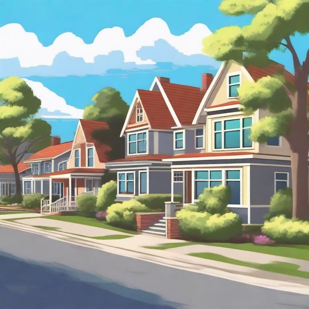 A background scene featuring houses