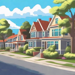 A background scene featuring houses