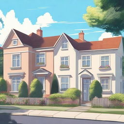 A background scene featuring houses