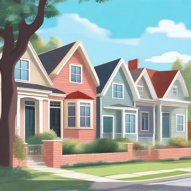 A background scene featuring houses