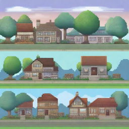 A pixel art background scene featuring houses