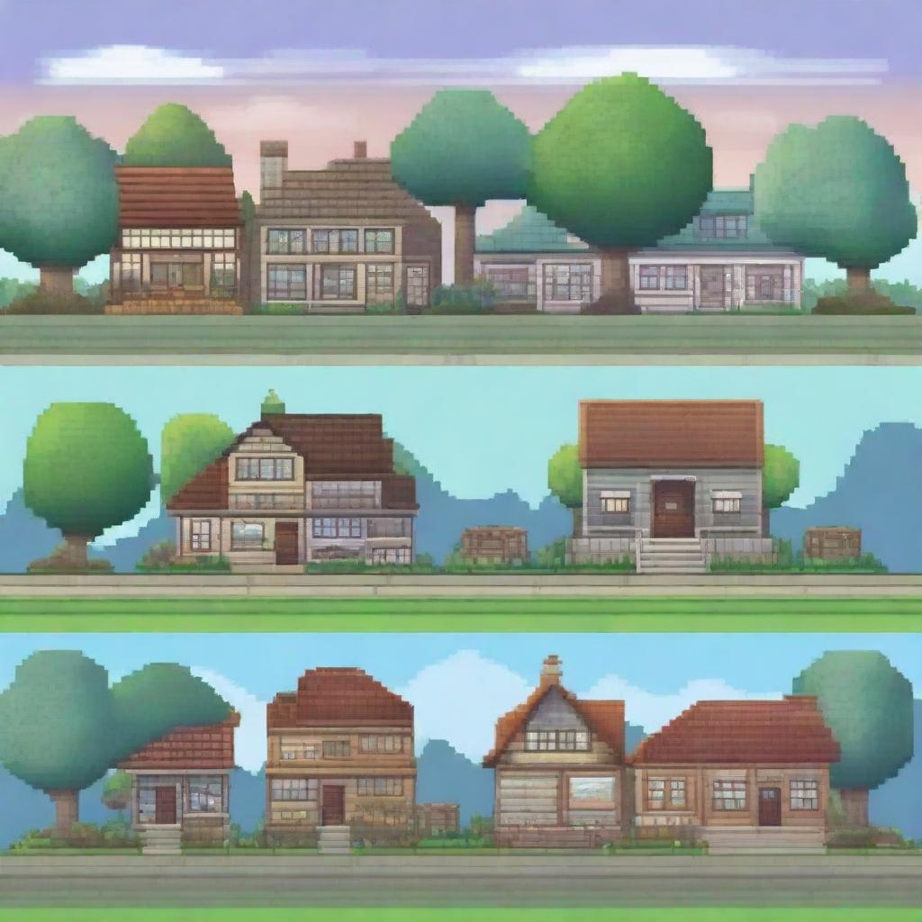 A pixel art background scene featuring houses