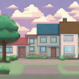 A pixel art background scene featuring houses