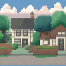 A pixel art background scene featuring houses