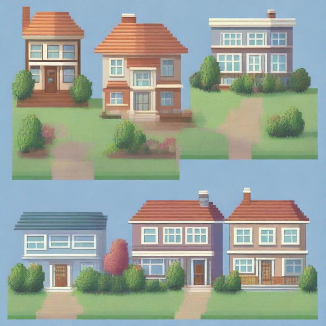 A pixel art background scene featuring houses