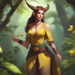 A female tiefling druid with a slim build, yellow skin tone, and light brunette hair