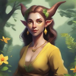 A female tiefling druid with a slim build, yellow skin tone, and light brunette hair