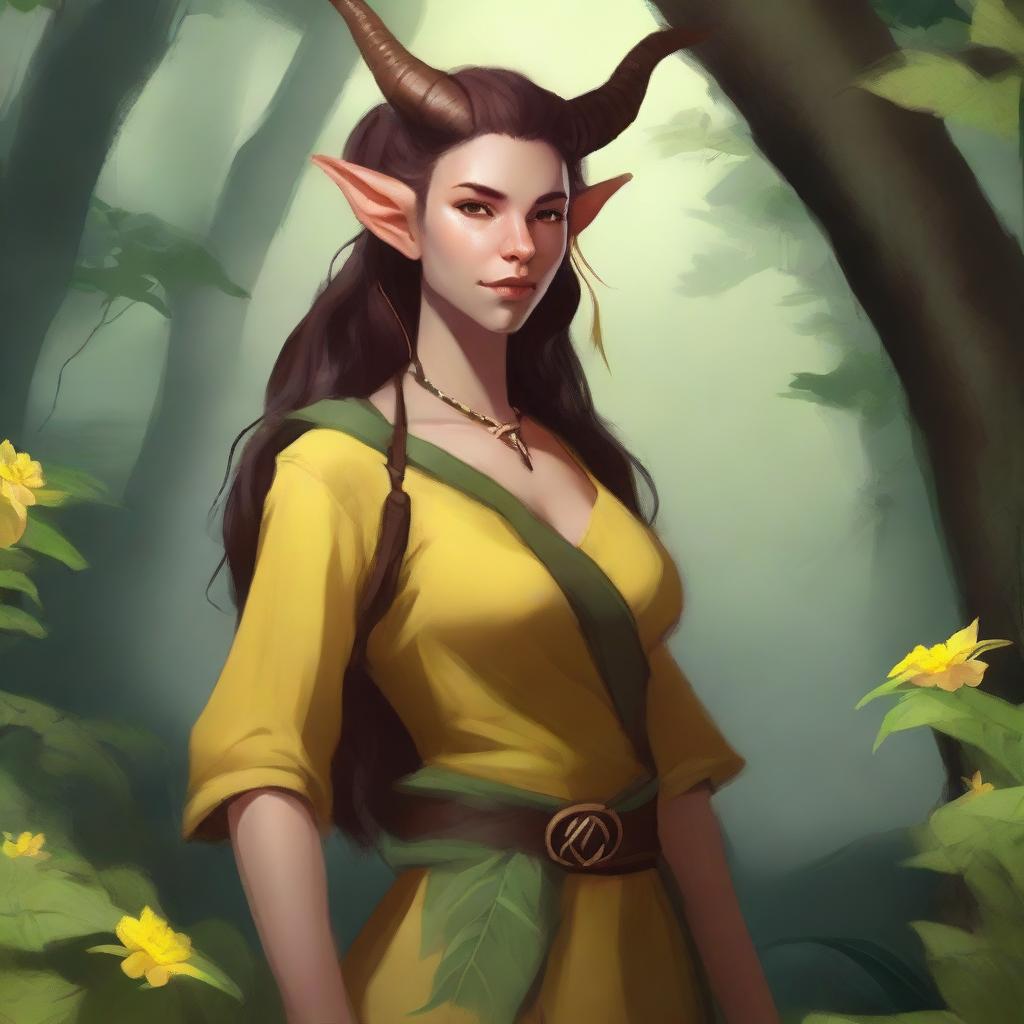 A female tiefling druid with a slim build, yellow skin tone, and light brunette hair