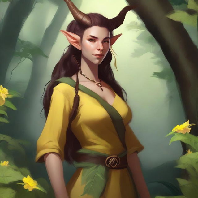 A female tiefling druid with a slim build, yellow skin tone, and light brunette hair