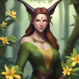 A female tiefling druid with a slim build, yellow skin tone, and light brunette hair