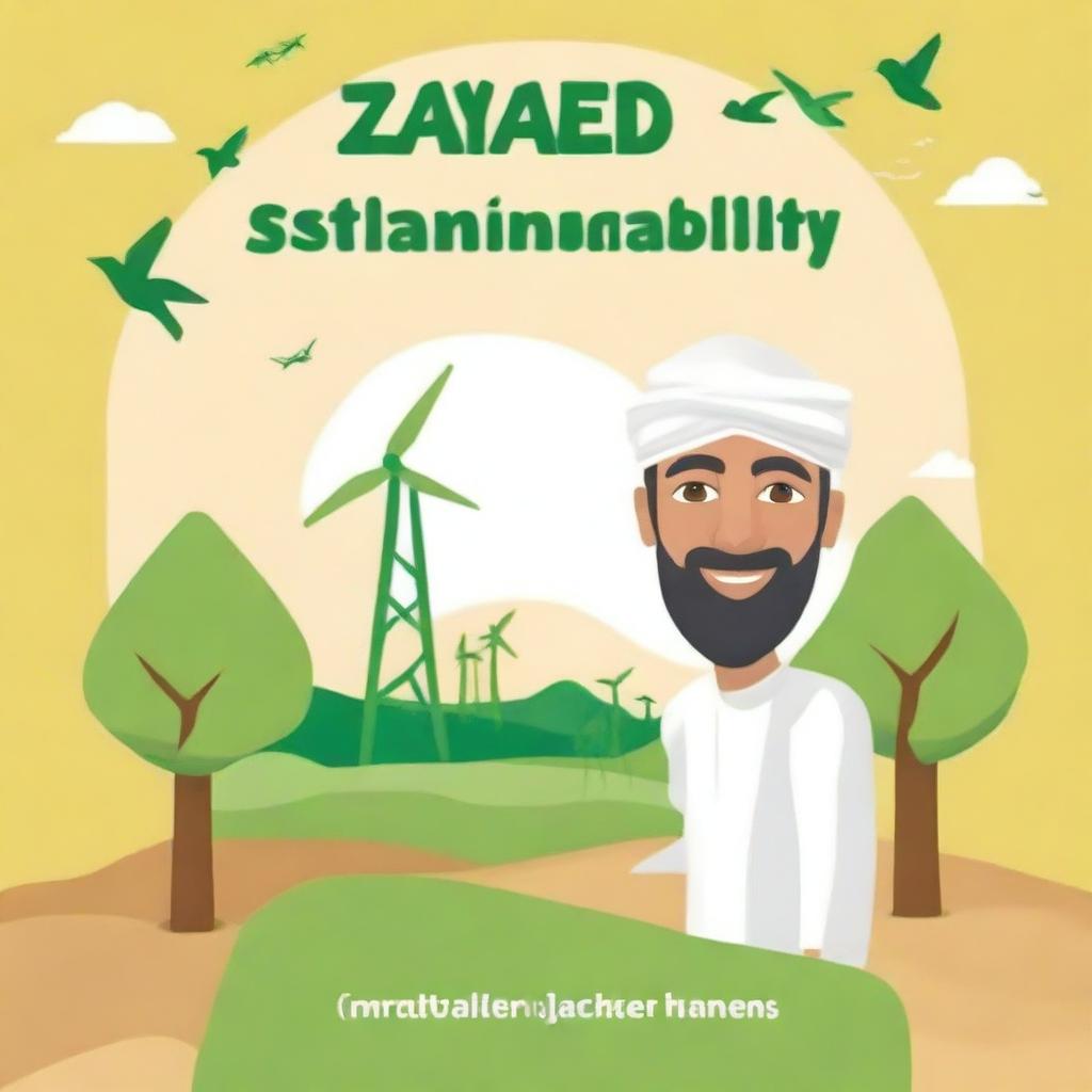 Create a book cover for a book titled 'Zayed Teaches Sustainability' with a focus on sustainability