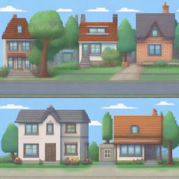 A pixel art background scene featuring houses