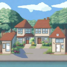 A pixel art background scene featuring houses