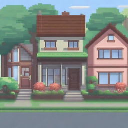 A pixel art background scene featuring houses