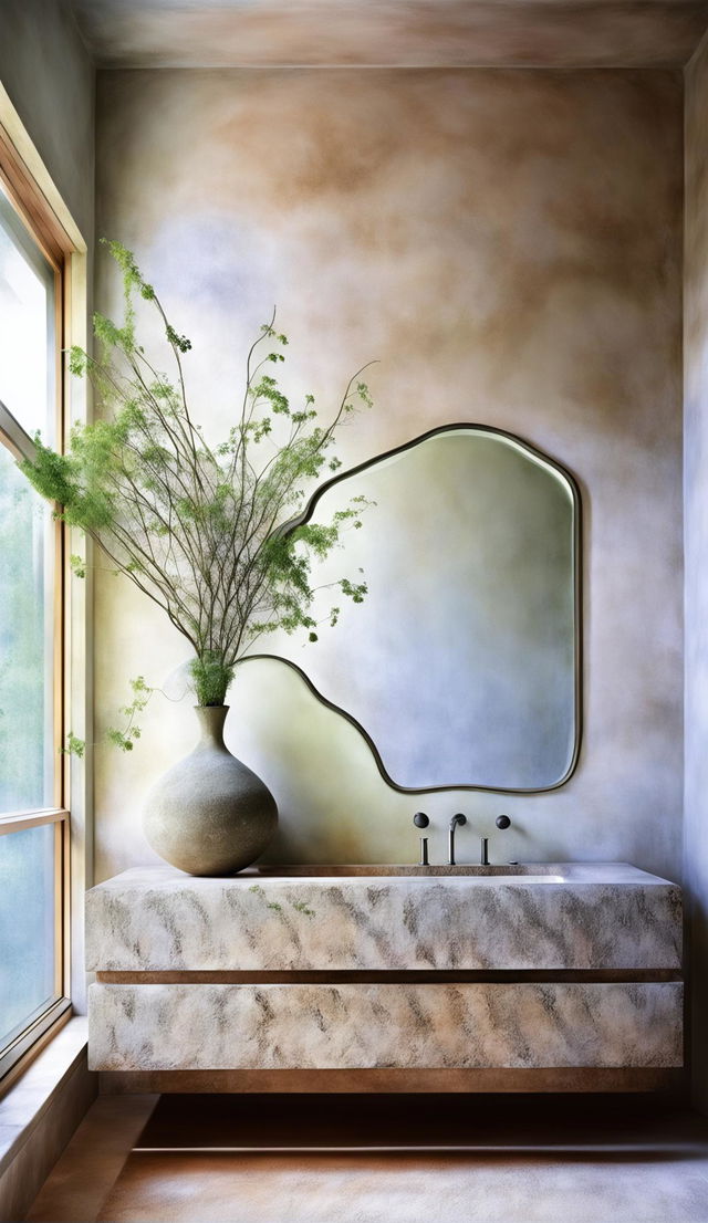 A serene bathroom with soft Venetian plaster wall, stone vanity, organic-shaped mirror, vase with green branches under gentle lighting in an architectural elevation.