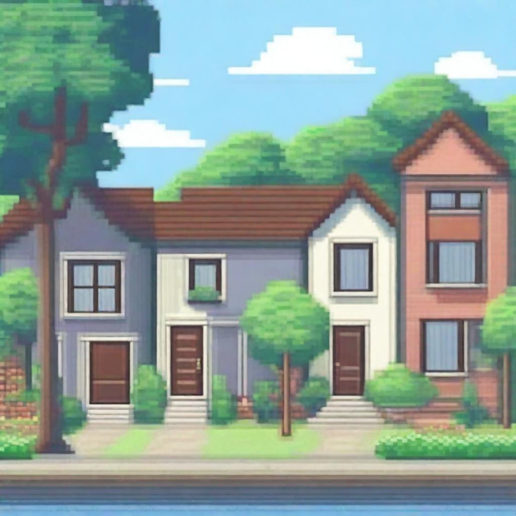 A pixel art background scene featuring houses