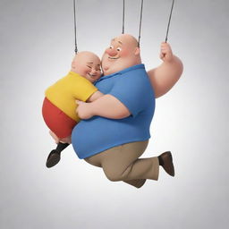 A scene of a youthful, slim Disney-styled cartoon character swinging an older, obese, bald cartoon character around by his leg, illustrating a playful and energetic interaction.