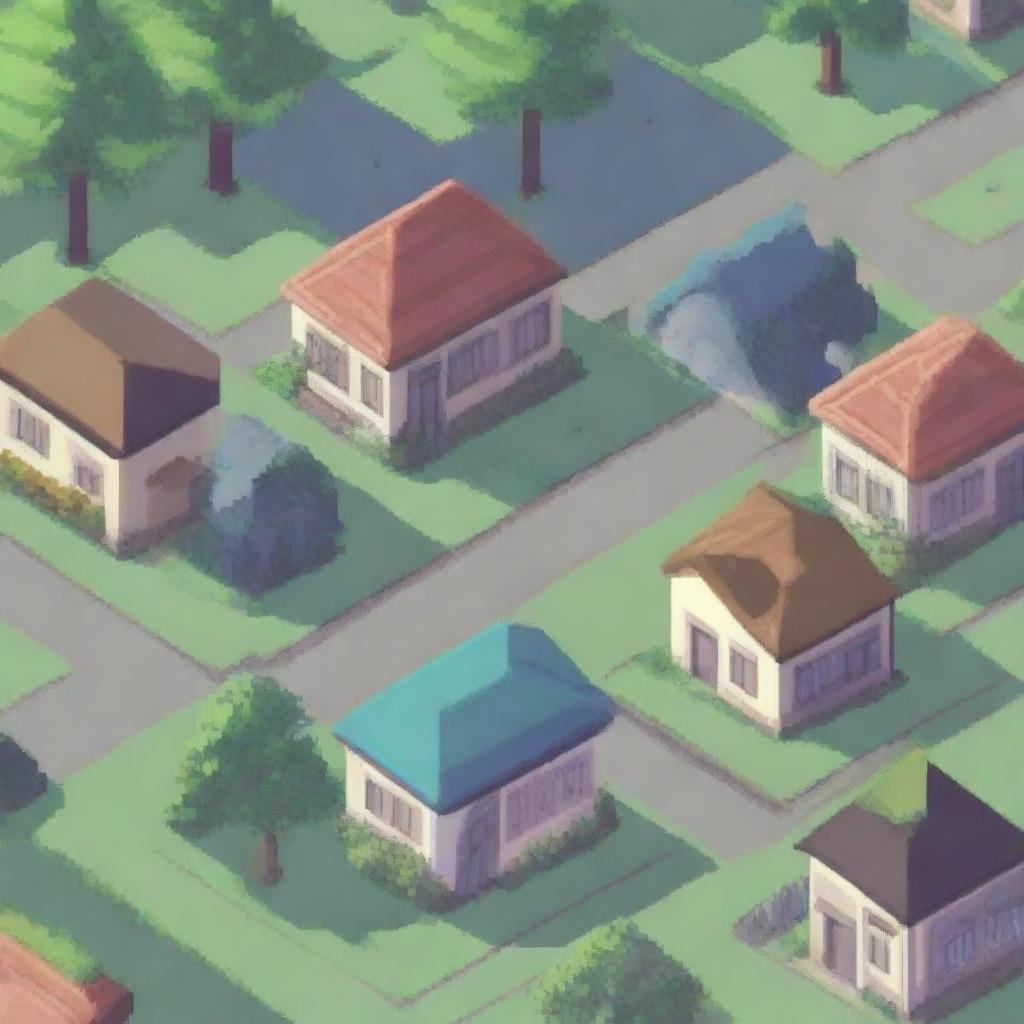 A pixel art background scene featuring a neighborhood