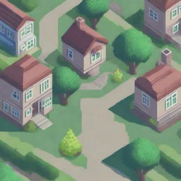 A pixel art background scene featuring a neighborhood