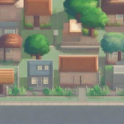 A pixel art background scene featuring a neighborhood