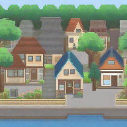 A pixel art background scene featuring a neighborhood with a variety of houses and a small shop