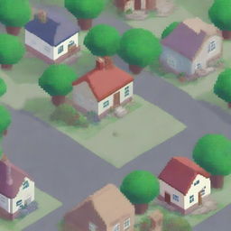 A pixel art background scene featuring a neighborhood with a variety of houses and a small shop