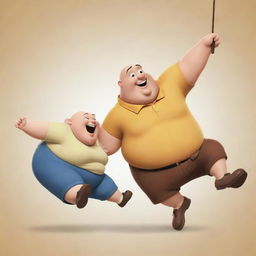 A scene of a youthful, slim Disney-styled cartoon character swinging an older, obese, bald cartoon character around by his leg, illustrating a playful and energetic interaction.