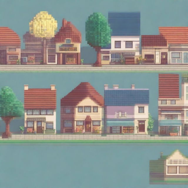 A pixel art background scene featuring a neighborhood with a variety of houses and a small shop