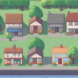 A pixel art background scene featuring a neighborhood with a variety of houses and a small shop