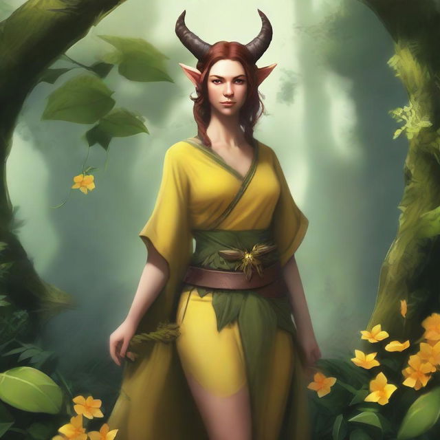 A full-body image of a female tiefling druid with a slim build, yellow skin tone, and light brunette hair