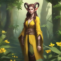 A full-body image of a female tiefling druid with a slim build, yellow skin tone, and light brunette hair