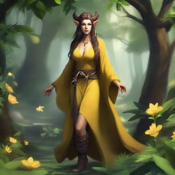 A full-body image of a female tiefling druid with a slim build, yellow skin tone, and light brunette hair