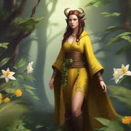 A full-body image of a female tiefling druid with a slim build, yellow skin tone, and light brunette hair