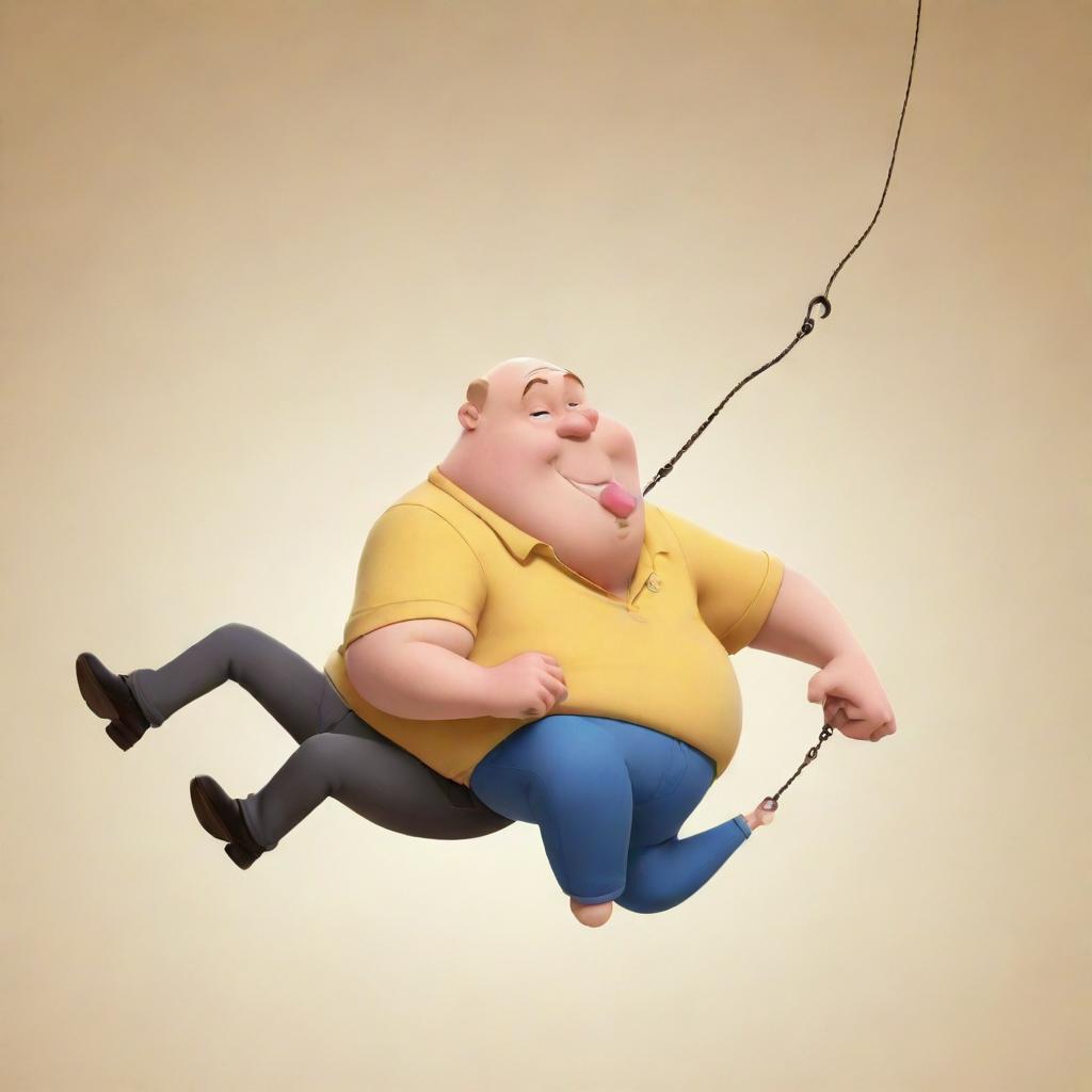 A scene of a youthful, slim Disney-styled cartoon character swinging an older, obese, bald cartoon character around by his leg, illustrating a playful and energetic interaction.