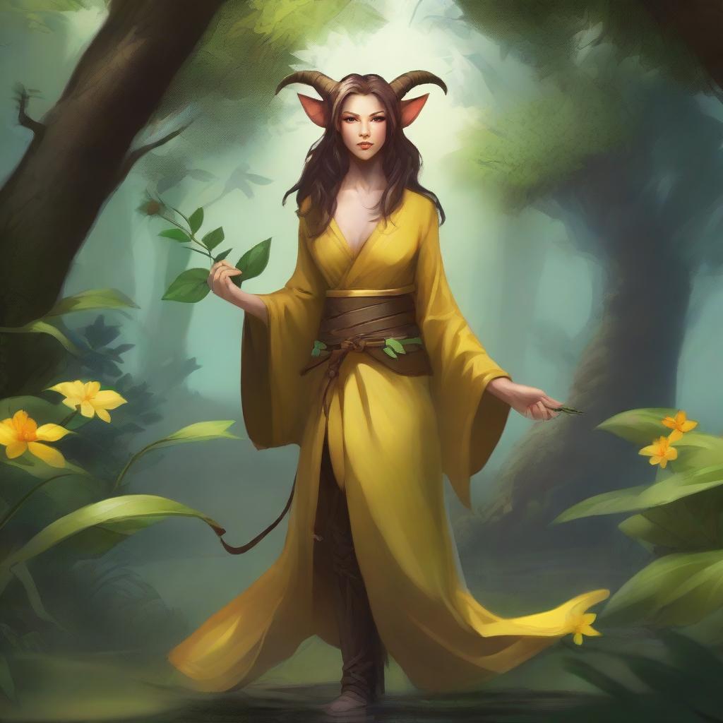 A full-body image of a female tiefling druid with a slim build, yellow skin tone, and light brunette hair