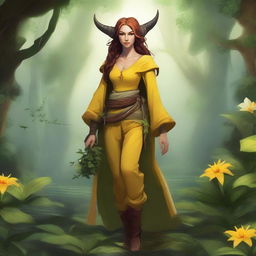 A full-body image of a female tiefling druid with a slim build, yellow skin tone, and light brunette hair