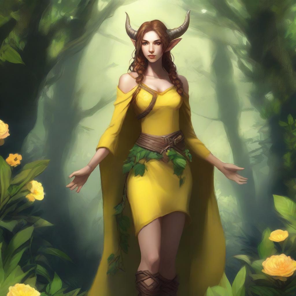 A full-body image of a female tiefling druid with a slim build, yellow skin tone, and light brunette hair