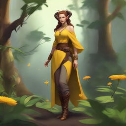 A full-body image of a female tiefling druid with a slim build, yellow skin tone, and light brunette hair