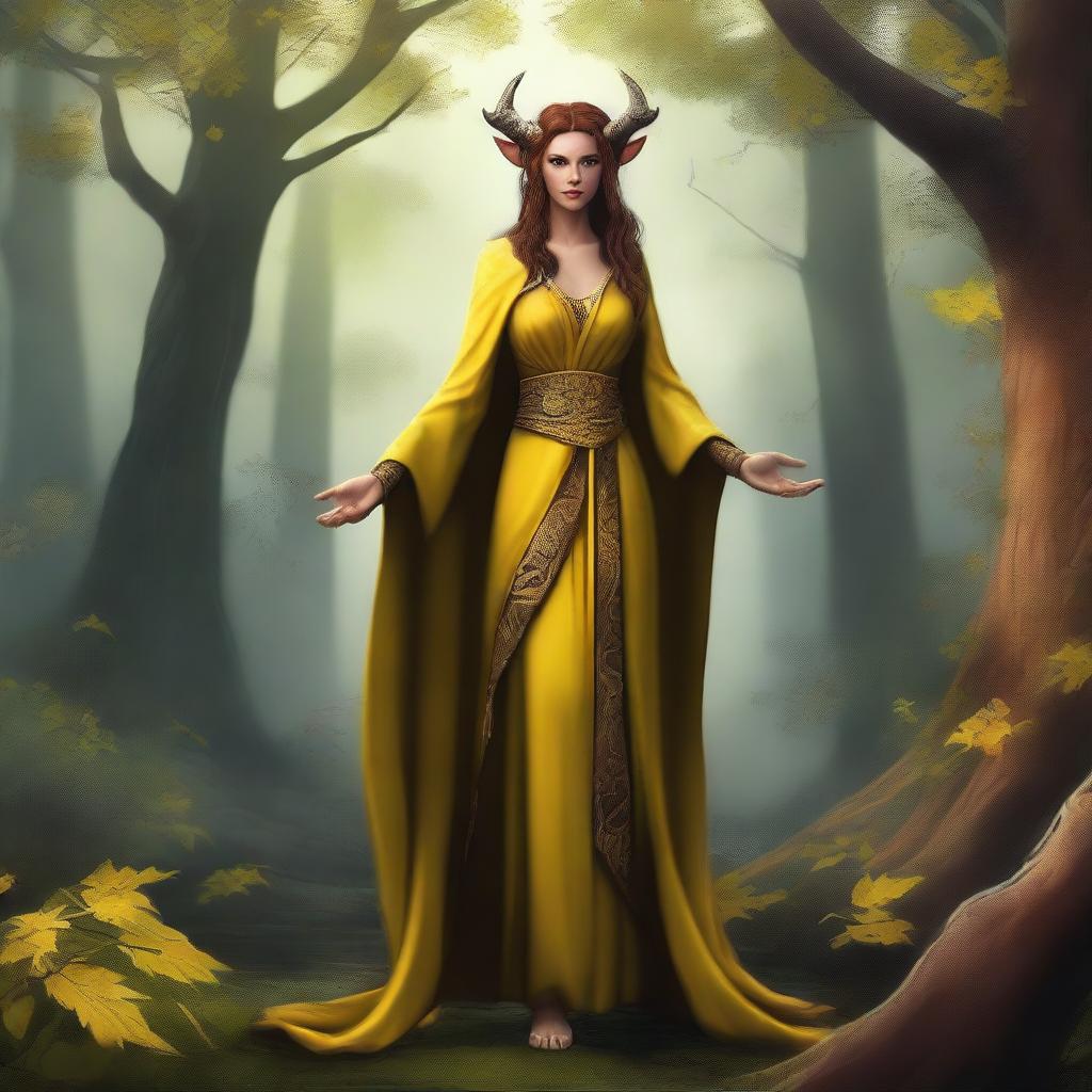 A full-body image of a female tiefling druid with yellow skin and light brunette hair