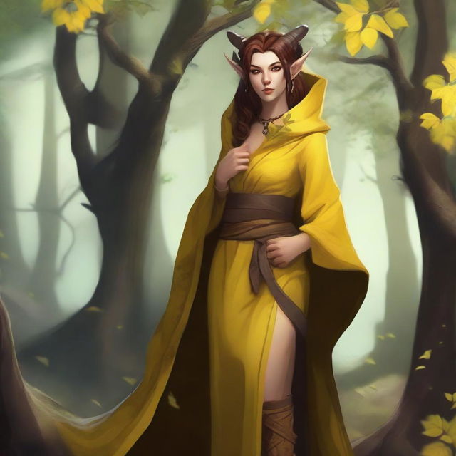 A full-body image of a female tiefling druid with yellow skin and light brunette hair