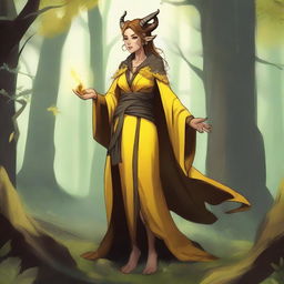 A full-body image of a female tiefling druid with yellow skin and light brunette hair