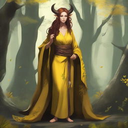 A full-body image of a female tiefling druid with yellow skin and light brunette hair