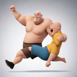 A scene of a youthful, slim Disney-styled cartoon character swinging an older, obese, bald cartoon character around by his leg, illustrating a playful and energetic interaction.