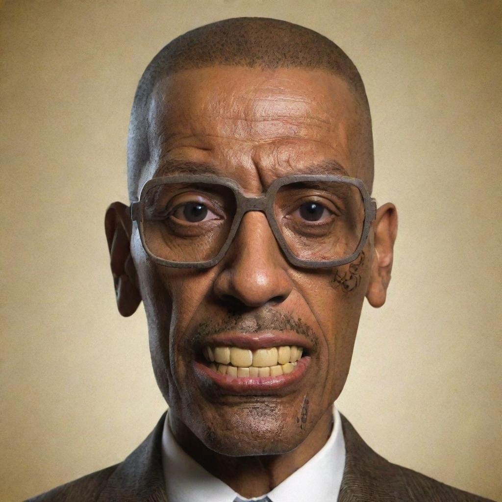 Create an image of Gustavo Fring, the character from Breaking Bad, in the style of a Polynesian tiki mask, maintaining his iconic suit and glasses.